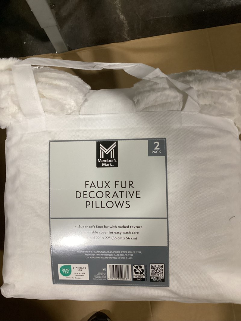 Condition photo showing New/Like New for member's mark 2-pack ruched faux fur decorative pillows, 22\" x 22\" white