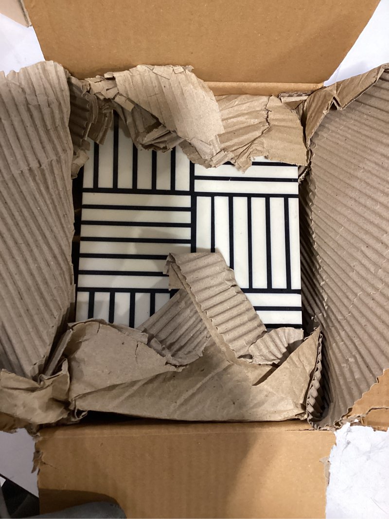 Condition photo showing As Is for bloomingville plastic storage box with striped block pattern and gold knob, black and white black and white 8 inches (l) x 6 inches (w) x 2.75 inches (h)
