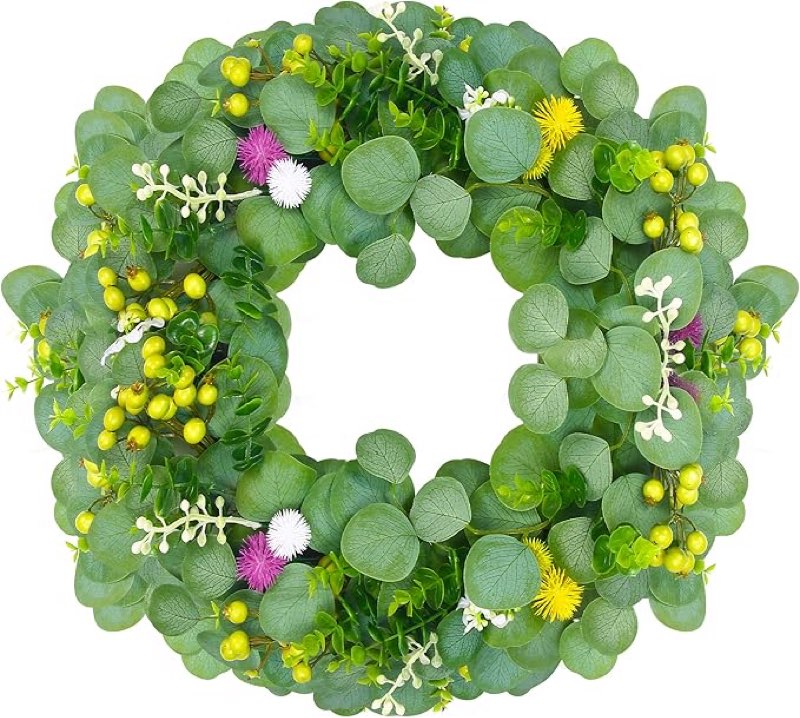 18" Faux Round Boxwood Wreath, Artificial Boxwood Wreath Front Door Wreaths Artificial Spring Summer Greenery Hanging with A Plaid Bow and sash for Front Door Wall Hanging Window Wedding Decor 18 Inch