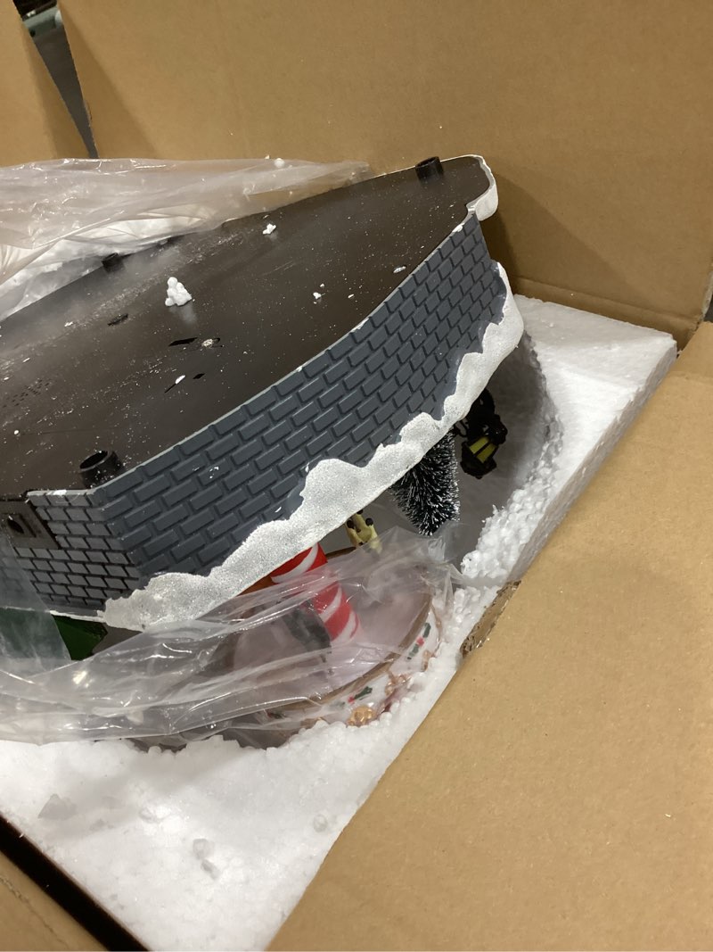 Condition photo showing Good Condition for Christmas Village Ice Skating Rink Colorful Animated Decorations with 6 Magnetic Moving Skater Figurines Musical Christmas Skating Pond