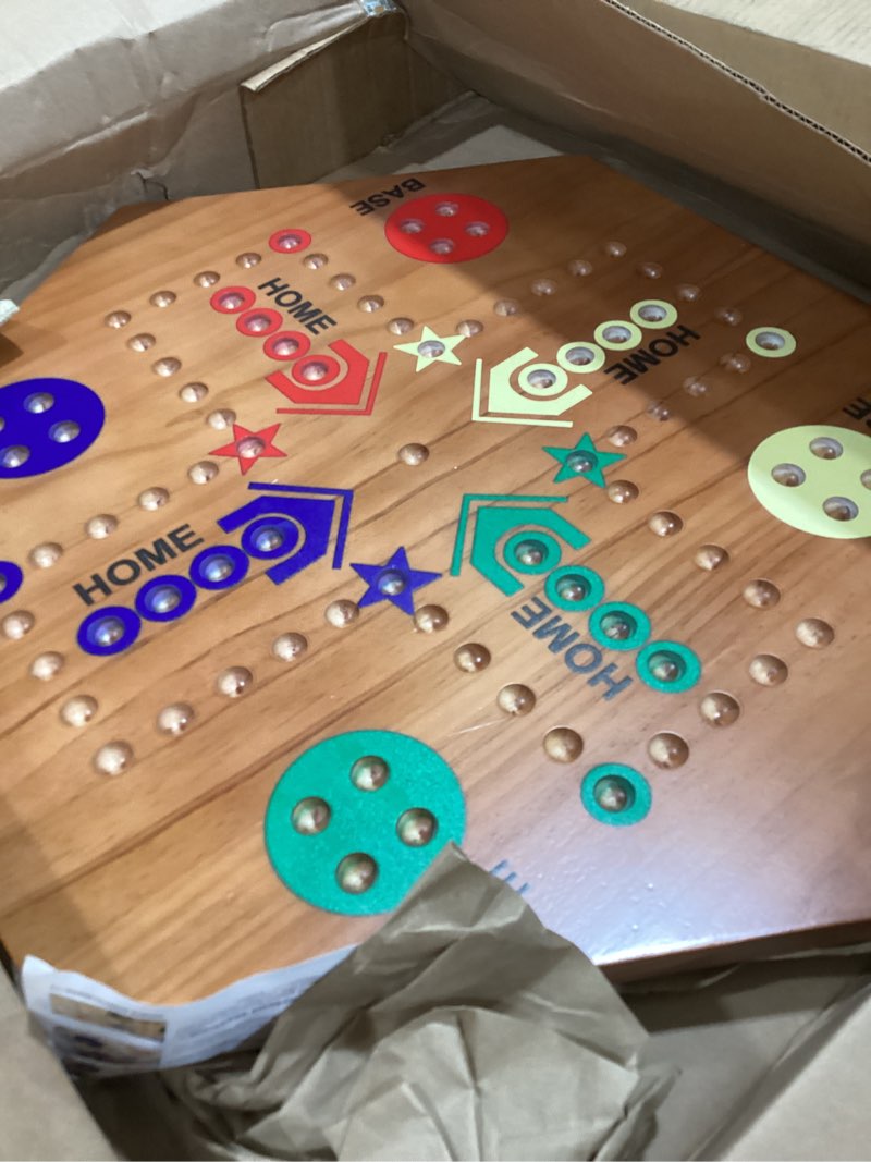Condition photo showing Good Condition for wooden board game, board game original marble game double sided painted 2 to 6 player fast track wooden with 6 colors 24 marbles 6 dice for adults kids family(20 inch flame) 20 inch-flame