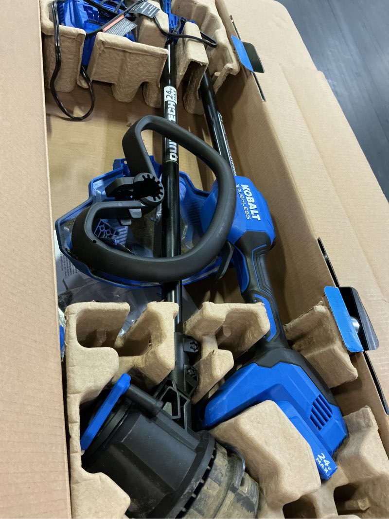 Condition photo showing As Is for kobalt quiet tech 24-volt 15-in straight shaft battery string trimmer 4 ah (battery included) (charger included)