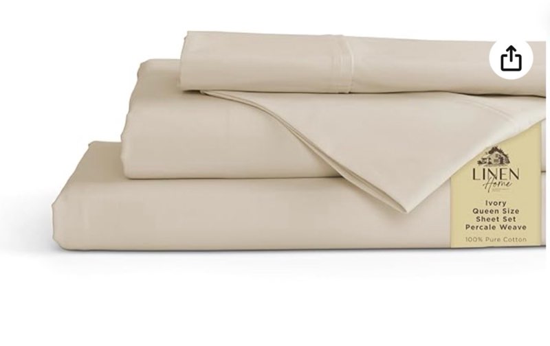 linen home 100% cotton percale sheets queen size, ivory, deep pocket, 4 pieces set - 1 flat, 1 deep pocket fitted sheet and 2 pillowcases, crisp cool and strong bed linen