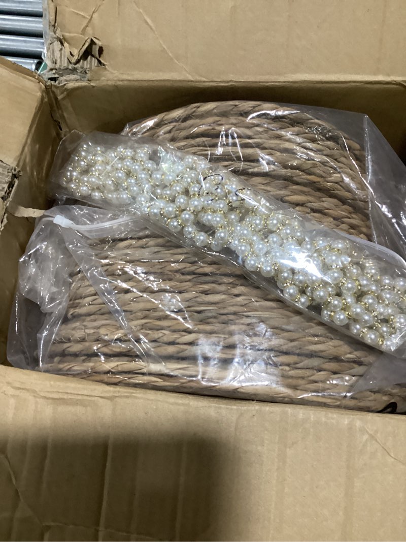 Condition photo showing As Is for 30 pcs cattail round woven placemats set, cattail placemats with pearl napkin rings boho farmhouse rustic woven chargers natural mat bulk for wedding party, dinner table (13 inch) 30 13 inch