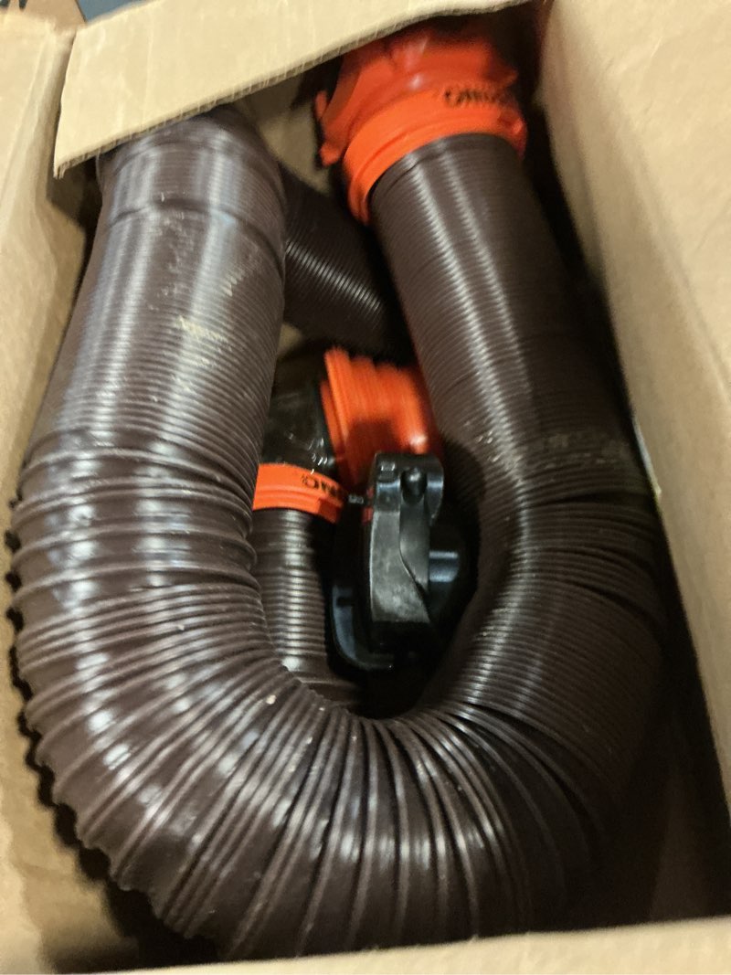 Condition photo showing As Is for Camco RhinoFLEX 20-Ft RV Sewer Hose Kit - Features Clear Elbow Fitting w/Removable 4-in-1 Adapter - Connects to 3” Slip or 3”/3.5”/4” NPT Threaded Sewer Connection (39742) 20' Rhino Sewer Hose