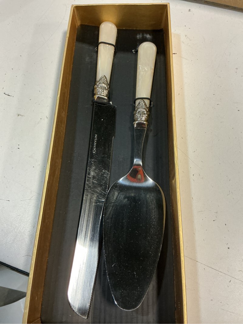 Condition photo showing As Is for wedding cake knife and serve set, fancy hand craft italian style design, pearl pie knife server set, vintage silverware,cake cutter set, cake knife gift set, 2 pcs (champagne)