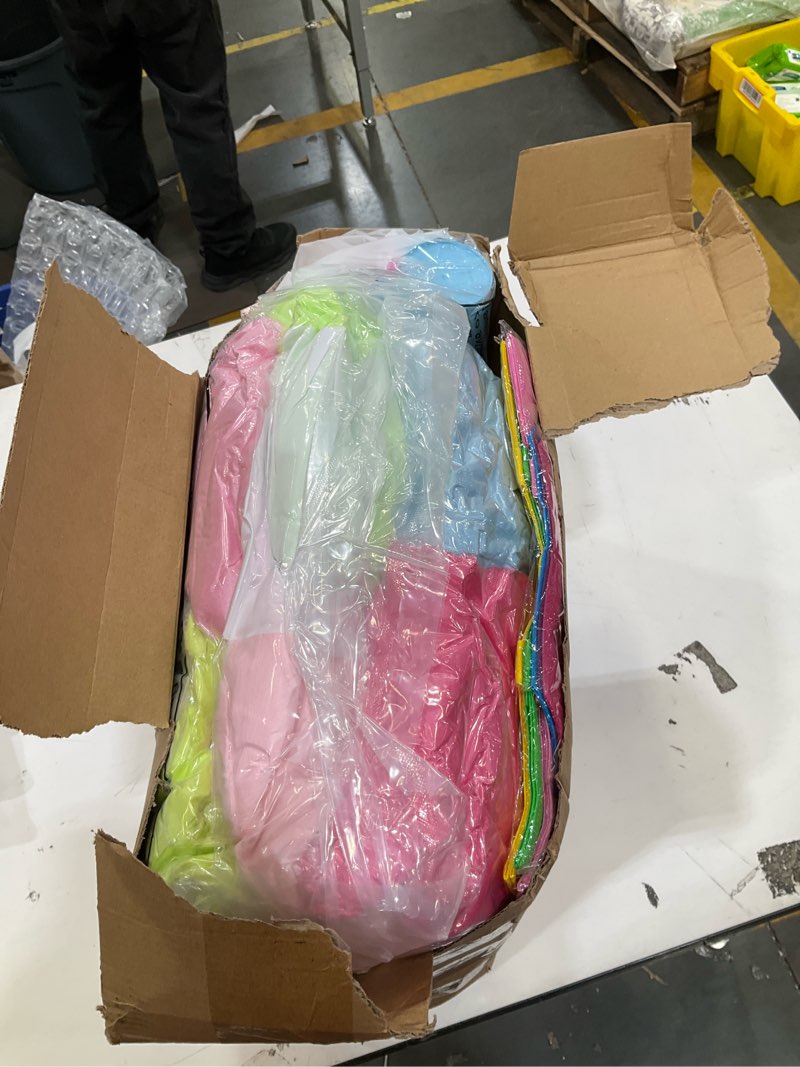 Condition photo showing Good Condition for 72 pcs sleepover party supplies galentines spa birthday slumber party favor, colorful blanket pillow headband scrunchies eye mask wristband tote bag straw cup socks hair claw clip mirror comb bracelet