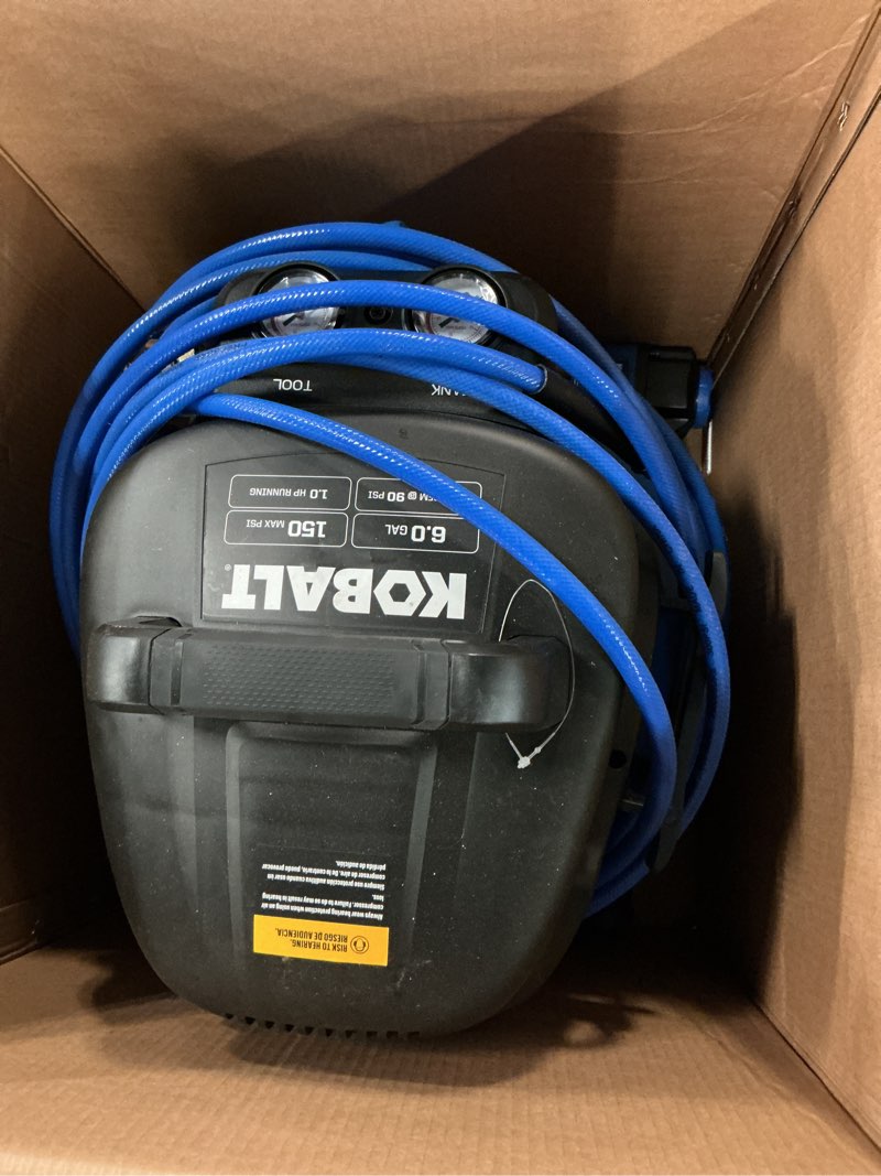 Condition photo showing As Is for kobalt 6-gallon portable electric 150 psi pancake air compressor with accessories included