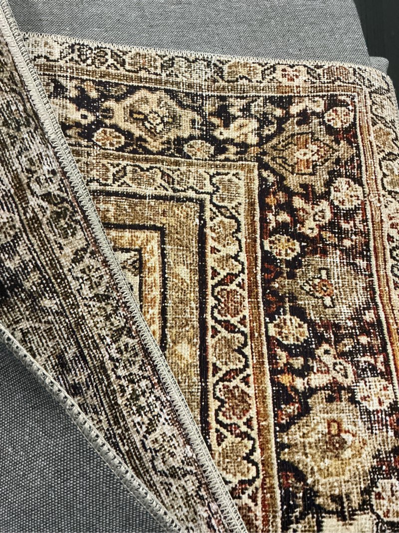 Condition photo showing As Is for (Size unknown) Vintage Area Rug Brown Washable Living Room Large Carpet Non Slip Bedroom Indoor Office Low Pile Traditional Distressed Retro Accent Rug for Dining Room (Rectangular) Accent Brown