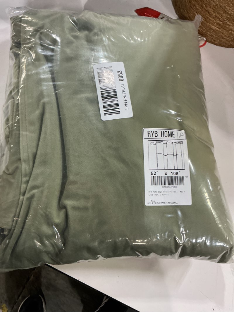 Condition photo showing New/Like New for RYB HOME Sage Green Velvet Curtains 108 inch, Room Darkening Super Soft Velvet Drapes for Living Room Thermal Insulated Pleat Tapes Window Treatment for Bedroom Playroom, W52 x L108 inch, 2 Panels 52"W x 108"L (Pack of 2) Sage Green