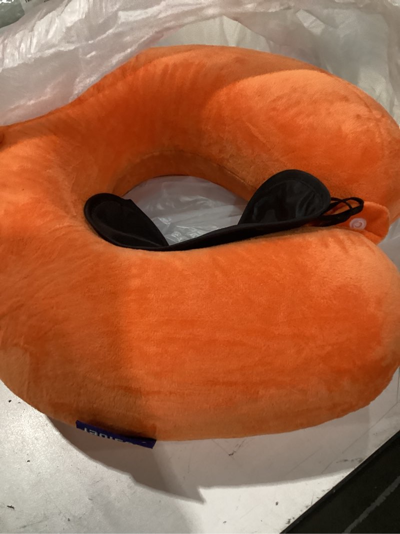 Condition photo showing As Is for orange memory foam velvet travel neck pillow for airplane car train