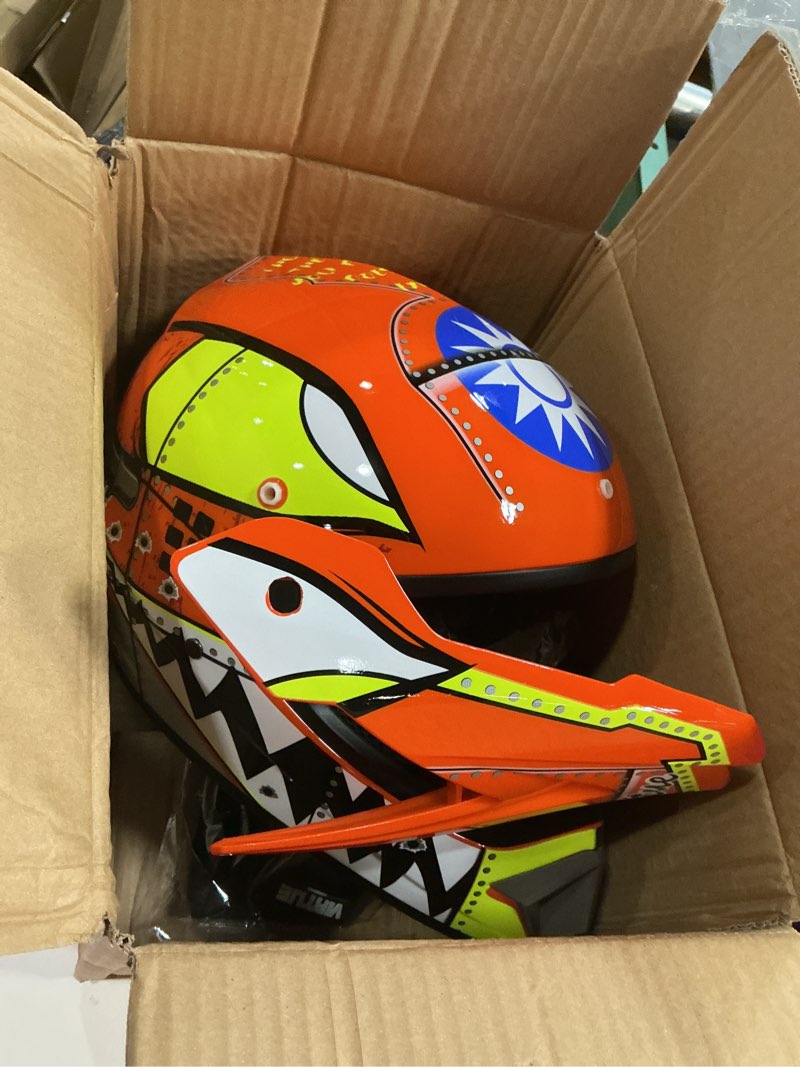 Condition photo showing Good Condition for Senhill Motocross Helmet Dirt Bike Helmet Shark Pattern ATV Street Motorcycle Helmet with Gloves Goggles Mask for Unisex Youth Kids DOT/FMVSS 218 Approved (Orange, S)