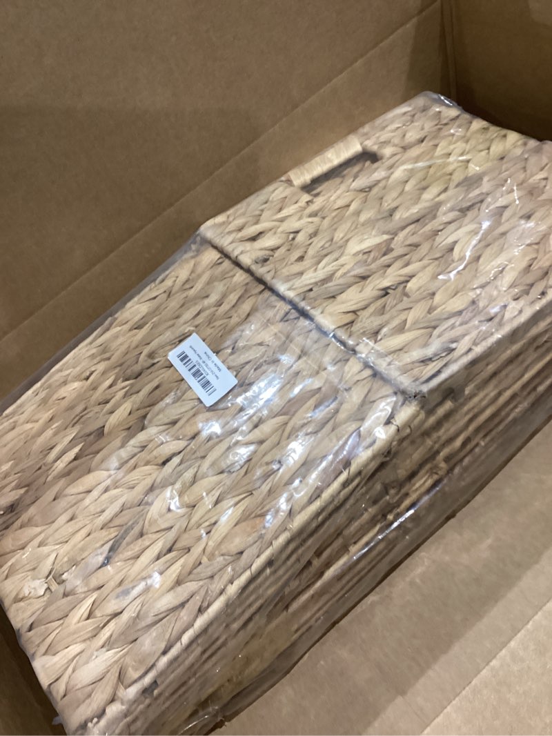 Condition photo showing New/Like New for 4 pack 13 x 11in rectangular wicker storage bins, water hyacinth baskets, foldable wicker baskets, storage basket with built-in handles, handwoven natural basket for shelves, outdoor natural(water hyacinth)large