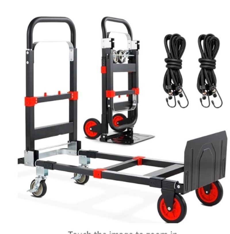 3-in-1 folding hand trucks, 600lbs convertible hand truck dolly, heavy duty convertible dolly with retractable handle and 4 rubber wheels, collapsible cart for moving office/home/warehous(red)