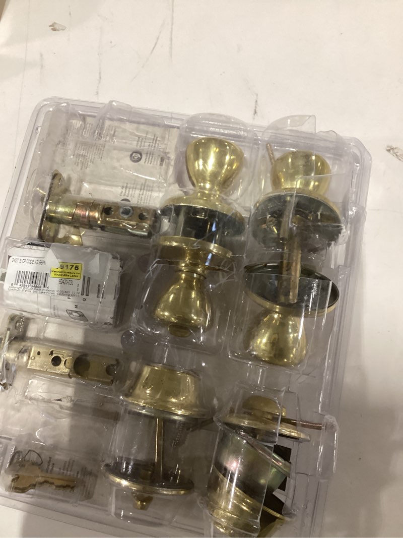 Condition photo showing As Is for Kwikset 242 Tylo Entry Knob and Single Cylinder Deadbolt Project Pack in Polished Brass