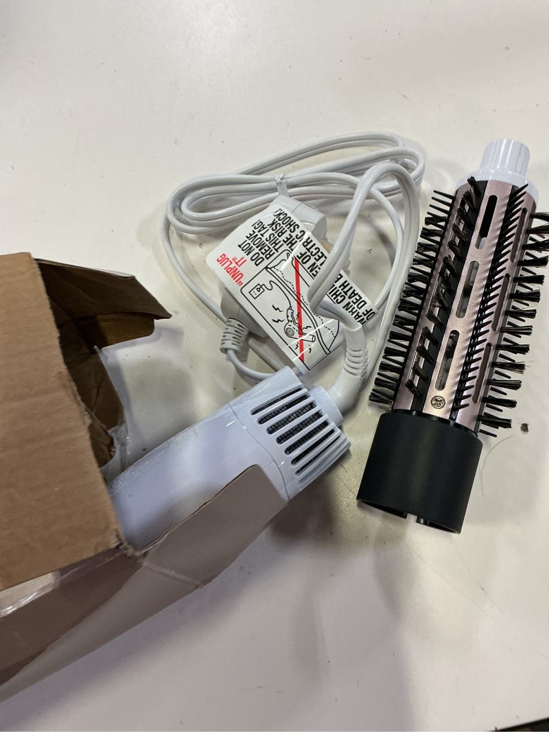 Condition photo showing As Is for conair double ceramic 2-in-1 hot air brush, 1000w hair dryer brush, interchangeable 1¼ and 1½ inch attachments for voluminous curls & straight styles, for fine & thick hair, white