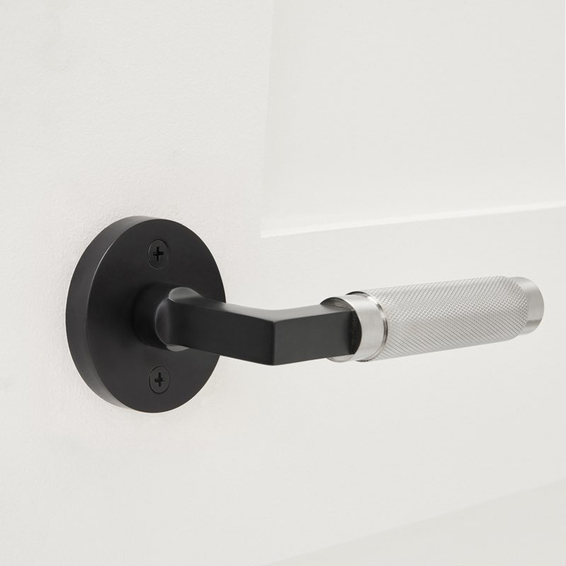Barcelona Solid Matte Black Door Lever with Satin Silver Knurled Handle