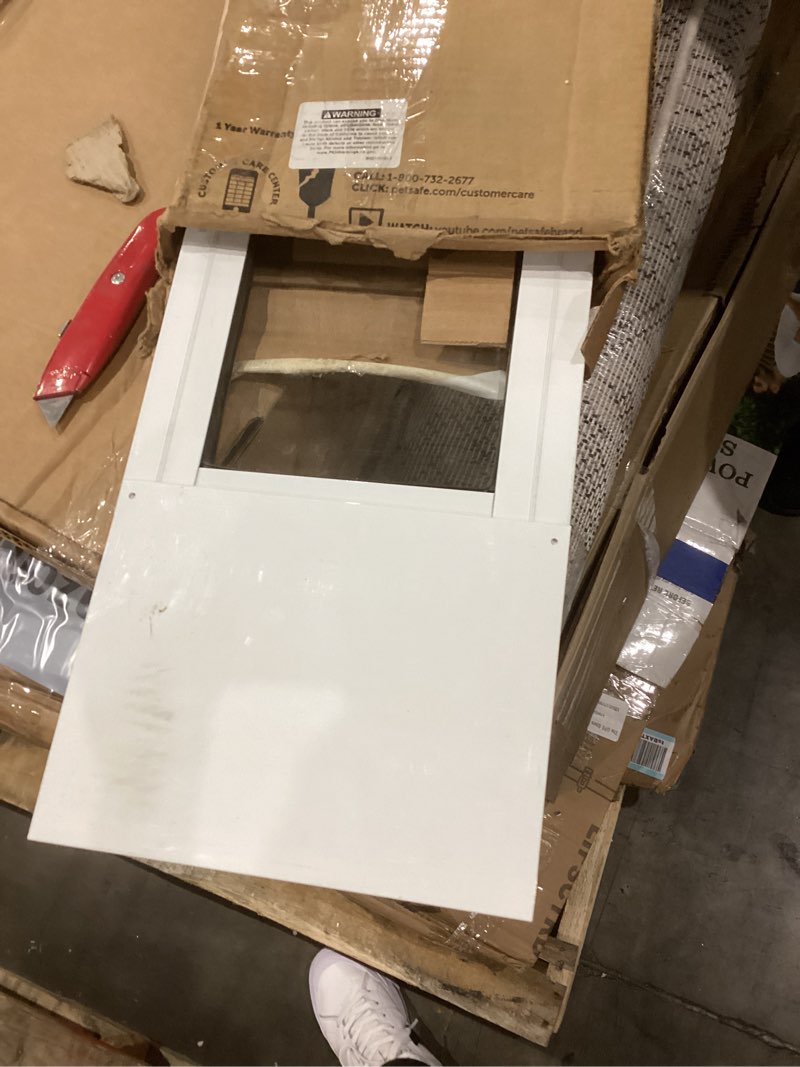 Condition photo showing As Is for petsafe sliding glass pet door - no-cut diy install doggy door for renters - aluminum frame - adjustable height 75 7/8" to 80 11/16" - ideal for small dogs up to 15 lb - white 81" sliding door small - standard white