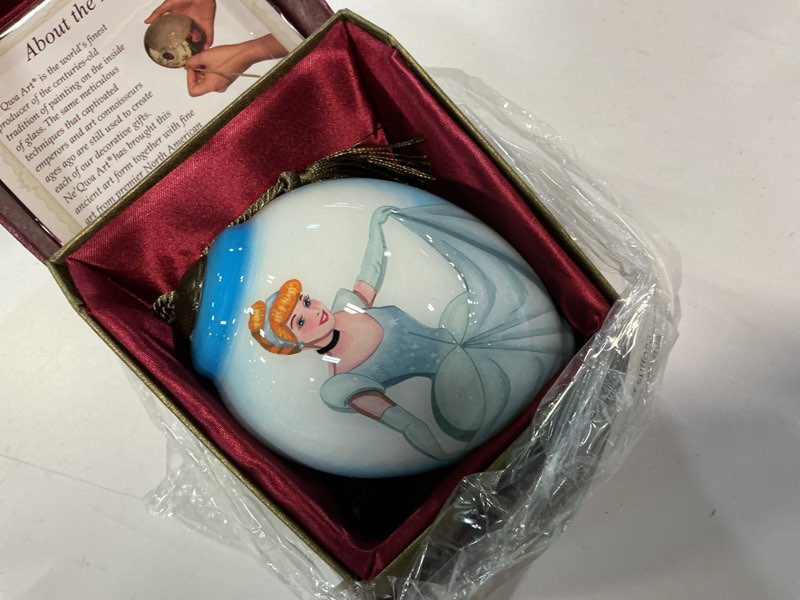 Condition photo showing New/Like New for hallmark disney princess ne'qwa art cinderella christmas ornament, hand-painted glass ne'qwa disney princess