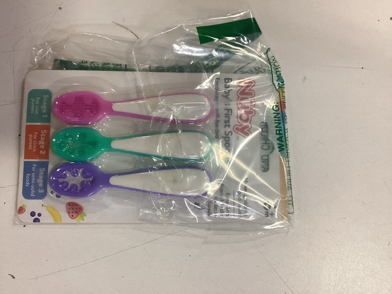 Condition photo showing New/Like New for Nuby Baby's First Spoons Set - (3-Pack) Feeding Utensils for Babies - 6+ Months - Pink/Aqua/Purple Pink, Aqua & Purple
