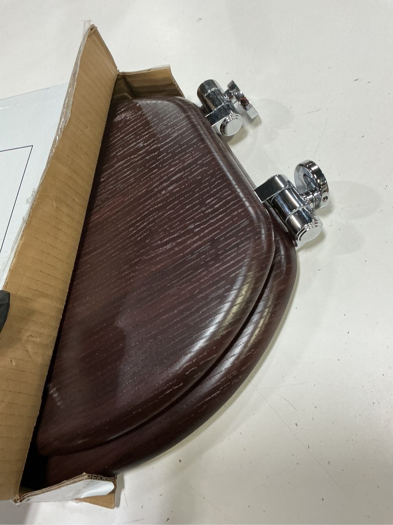 Condition photo showing Good Condition for round toilet seat molded wood toilet seat with quietly close and quick release hinges, easy to install also easy to clean by angol shiold (round, dark brown) round - metal hinge dark brown