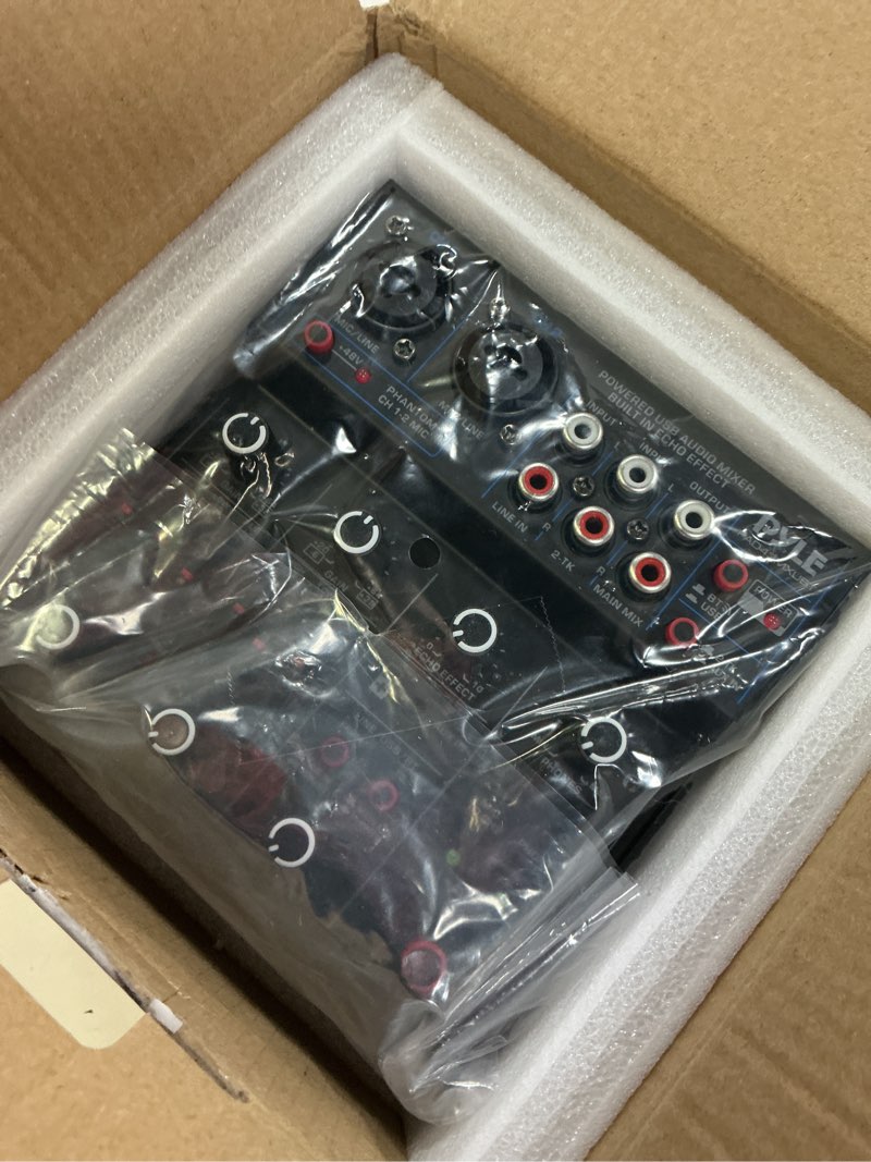 Condition photo showing New/Like New for pyle professional wireless dj audio mixer - 4 channel bluetooth controller sound mixer, usb audio interface, 2 combo jack xlr+6.35mm mic/line/guitar in, 3.5mm, rca aux, headphone jack - pad43mxubt