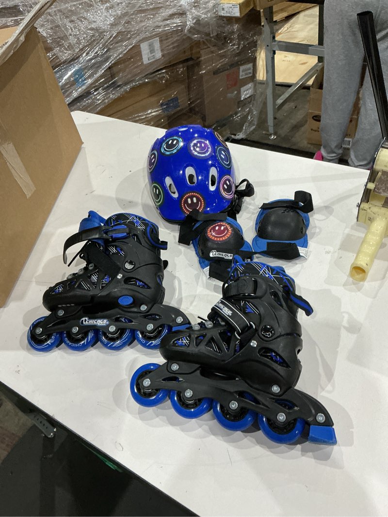 Condition photo showing As Is for chicago skates adjustable inline training skate combo set black/blue/white, includes skates, helmet, knee pads, wrist guards and carryall backpack