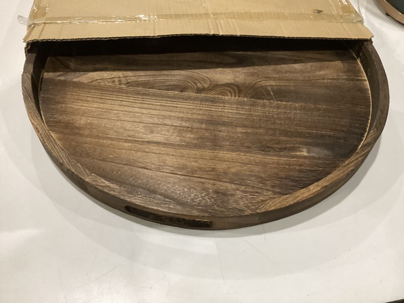 Condition photo showing Good Condition for 22 inch round wooden tray for decor large ottoman serving | rustic farmhouse decorative tray for coffee table centerpiece living room home decor 22"