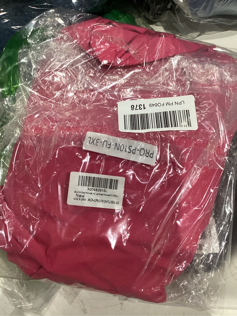 Condition photo showing As Is for SlowTon Dog Raincoat, Adjustable Dog Rain Jacket Clear Hooded Double Layer, Waterproof Poncho with Reflective Strip Straps and Storage Pocket for Small Medium Large Dogs Puppies(FU XXXL) Fuchsia XXX-Large