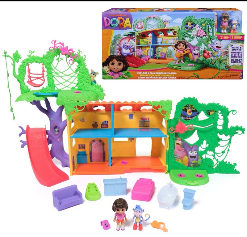 dora explore & play rainforest casita playset, dora & boots figures, furniture, sound fx