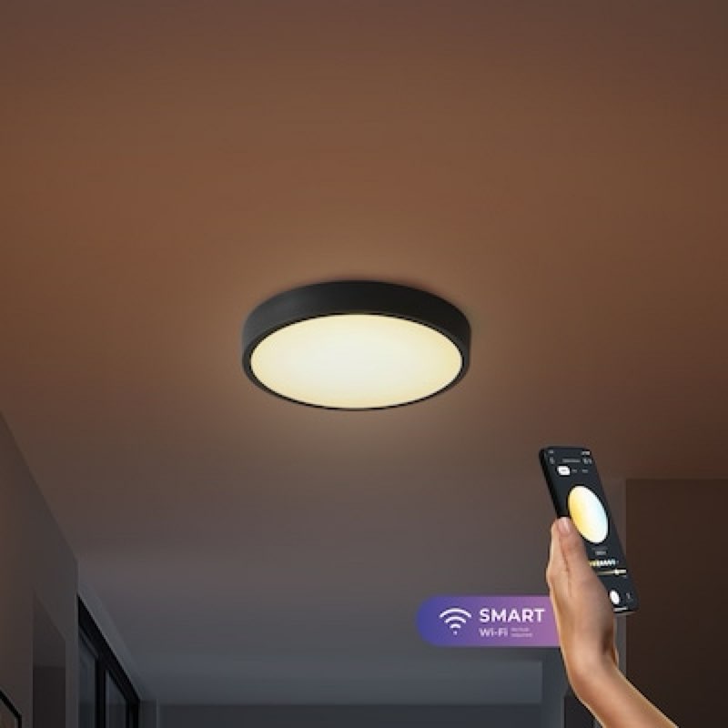  globe electric wes 13-in matte black indoor smart led rgbw flush mount light plastic shade