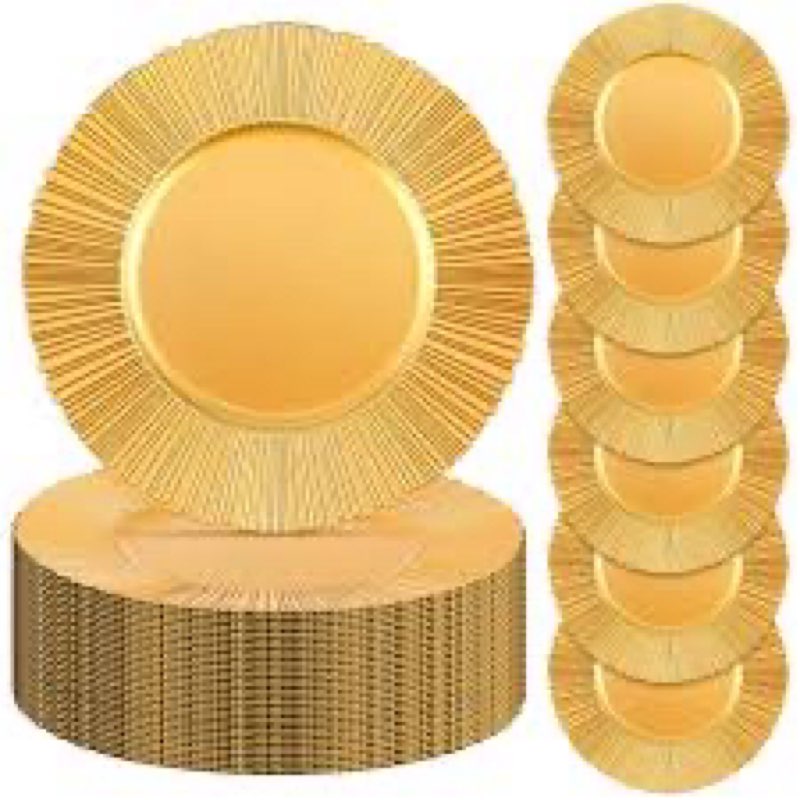 maxdot 50 pcs gold charger plates bulk 13 inch round dinner charger with ring pattern reusable plast