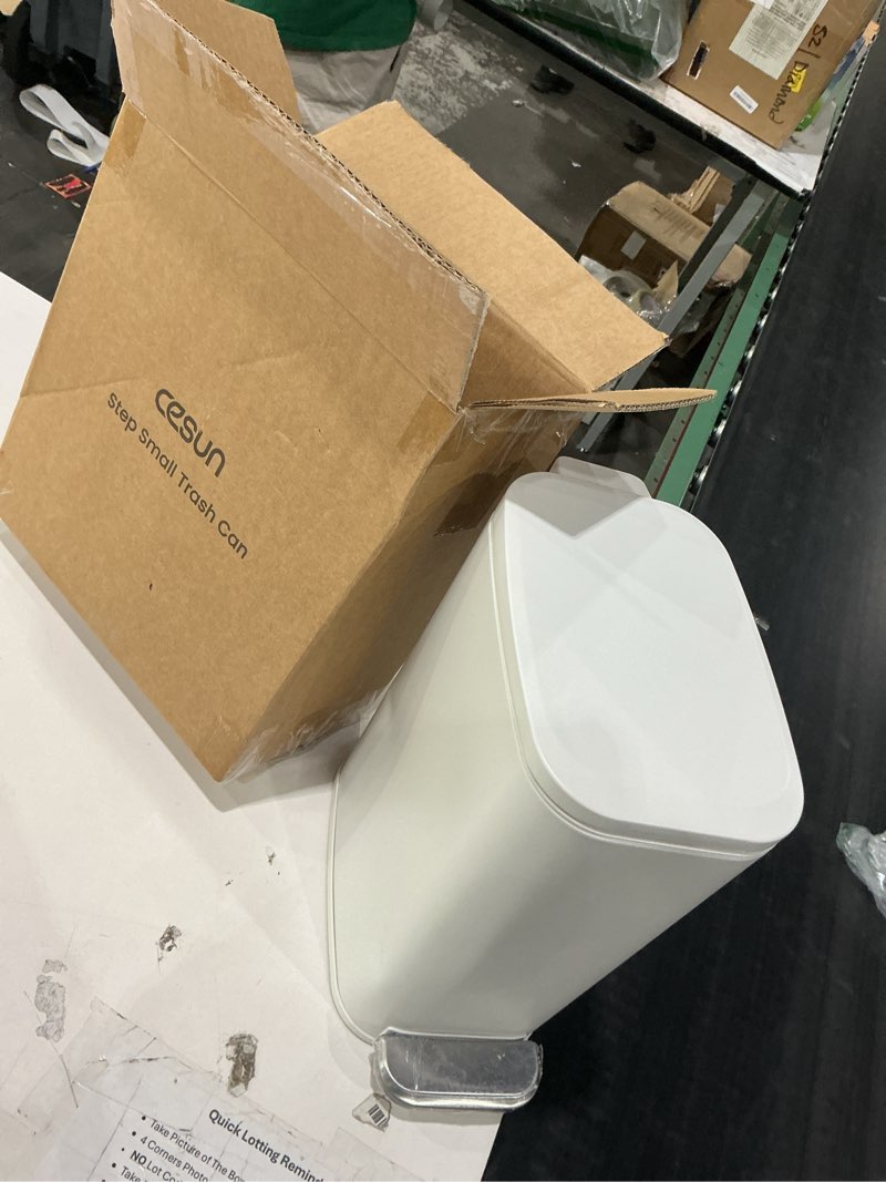 Condition photo showing Good Condition for cesun slim bathroom trash can with lid soft close, 6l/1.6 gallon stainless steel small garbage can with foot pedal and removable inner bucket, slim wastebasket for bathroom, office, toilet (white)