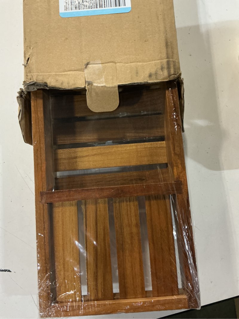Condition photo showing As Is for vaefae teak bathtub tray, wooden bath caddy for bathtub, bath tub wood table for tub 33.8" x 6" x 1.8"