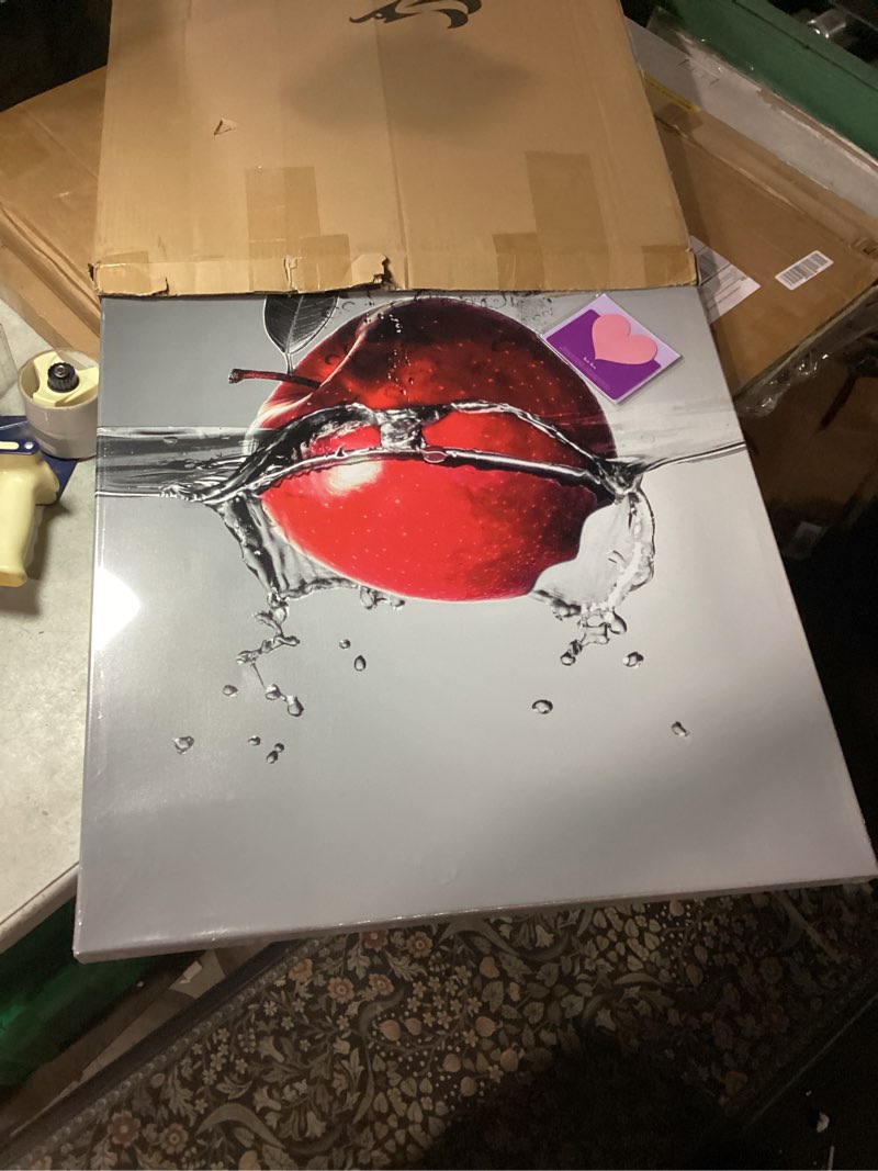 Condition photo showing New/Like New for KREATIVE ARTS Contemporary Red Apple Splash Canvas Print 24x36 - Ready to Hang Kitchen & Dining Room Wall Decor, Framed Fruit Art for Restaurant