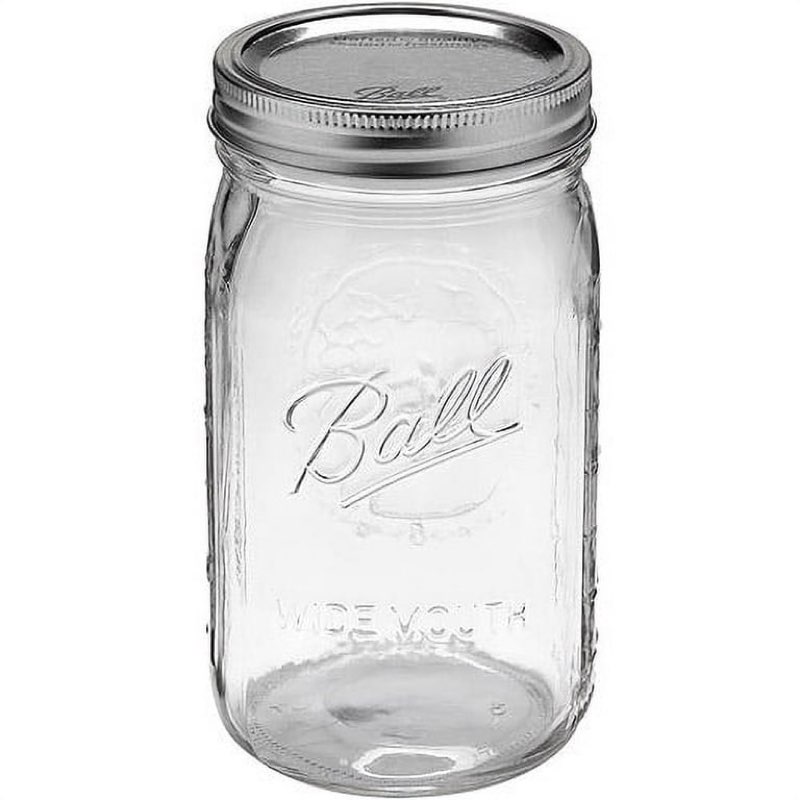 (4 Pack) Ball Wide Mouth Mason Jar, specifically designed for canning, preserving, or storage.It is constructed from clear, BPA-free glass and features an embossed \\\\\\\"Ball\\\\\\\" logo on the side.The jar includes a matching silver Sure Tight lid and band, which provides a quality seal to keep food fresh and preserved.a