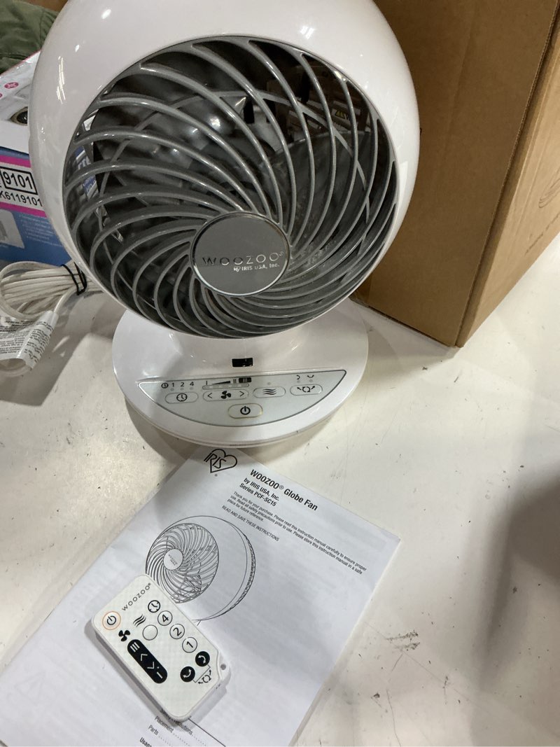 Condition photo showing Good Condition for iris usa woozoo air circulator fan with remote, oscillating, 5 speeds, 82ft max air distance, 90° adjustable tilt, 30db quiet motor, small fan for bedroom, office, dorm, white 5-speed white