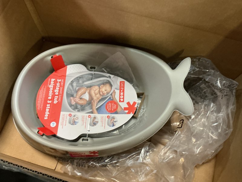 Condition photo showing Good Condition for skip hop infant bath tub 3-stage grow with baby smart sling moby bathtub grey age 0+ grey tub
