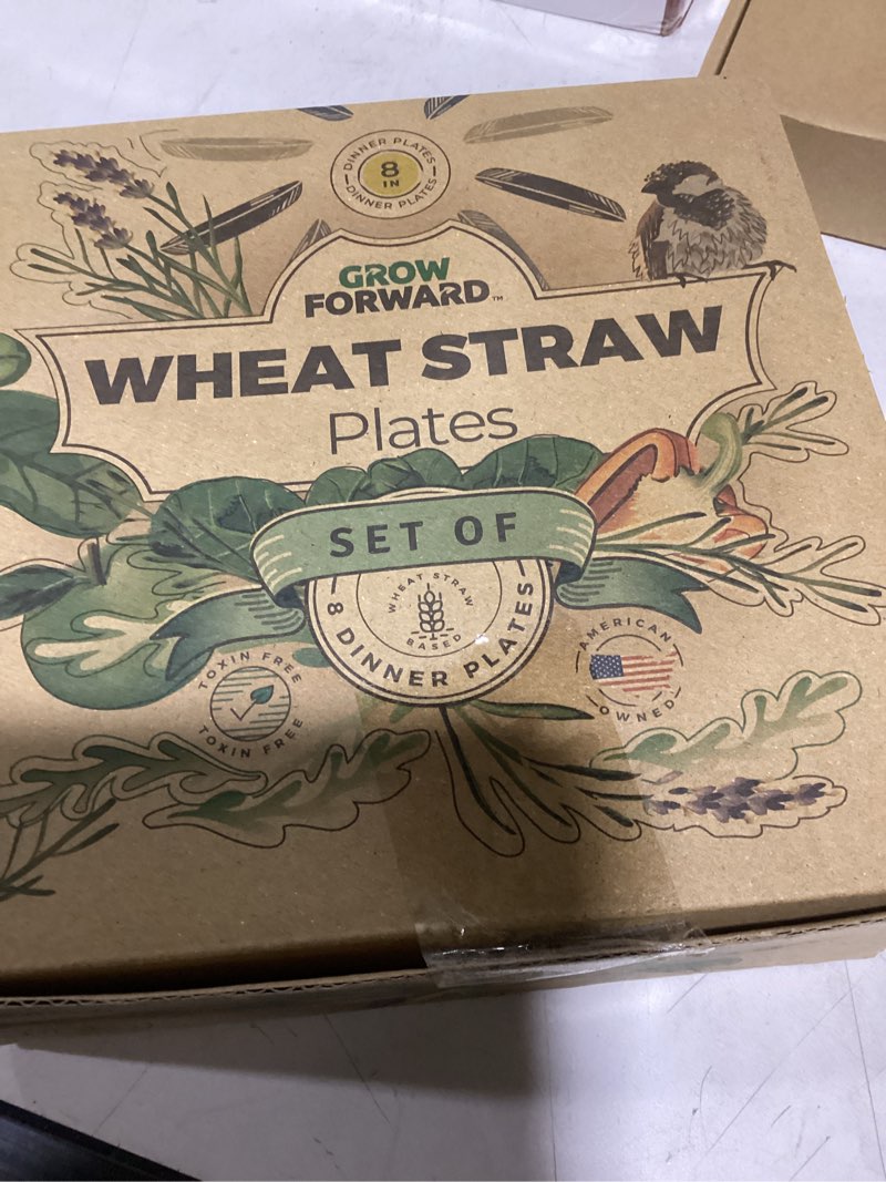 Condition photo showing As Is for grow forward premium wheat straw plates - 8 inch reusable hard plastic dinner plates set of 8 - unbreakable microwave safe plates for dessert, camping, rv, outdoors, patio, kitchen dishes - seascape seascape 8 inch