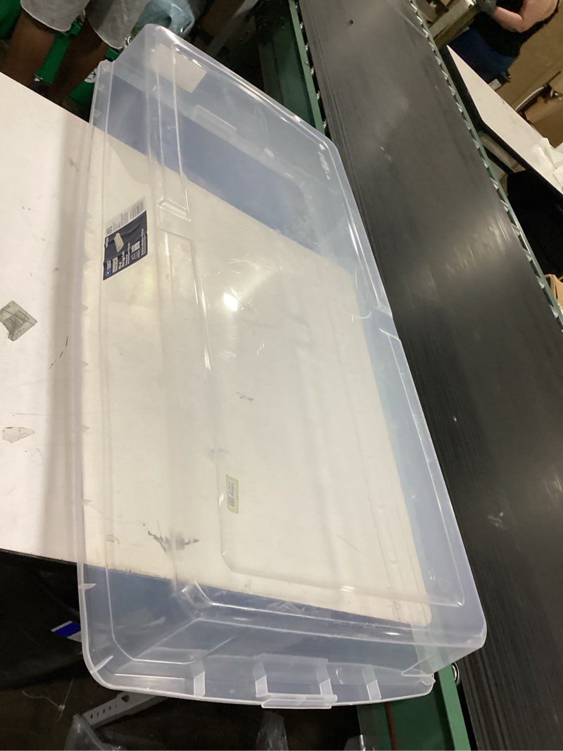 Condition photo showing As Is for project source x-large 17.5 -gallons ( 70 -quarts ) clear stackable underbed tote with standard snap lid