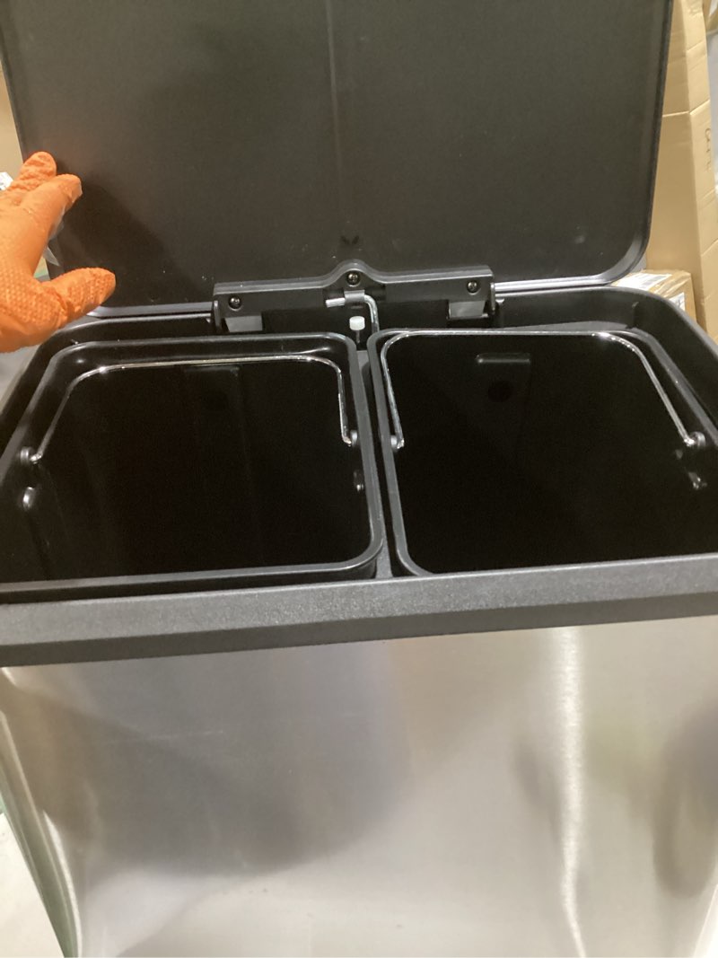 Condition photo showing As Is for **has dent on side**8 gallons/30 l dual trash can with lid, stainless steel waste bin with 2 removable inner bucket and soft close lid for office, bedroom, kitchen