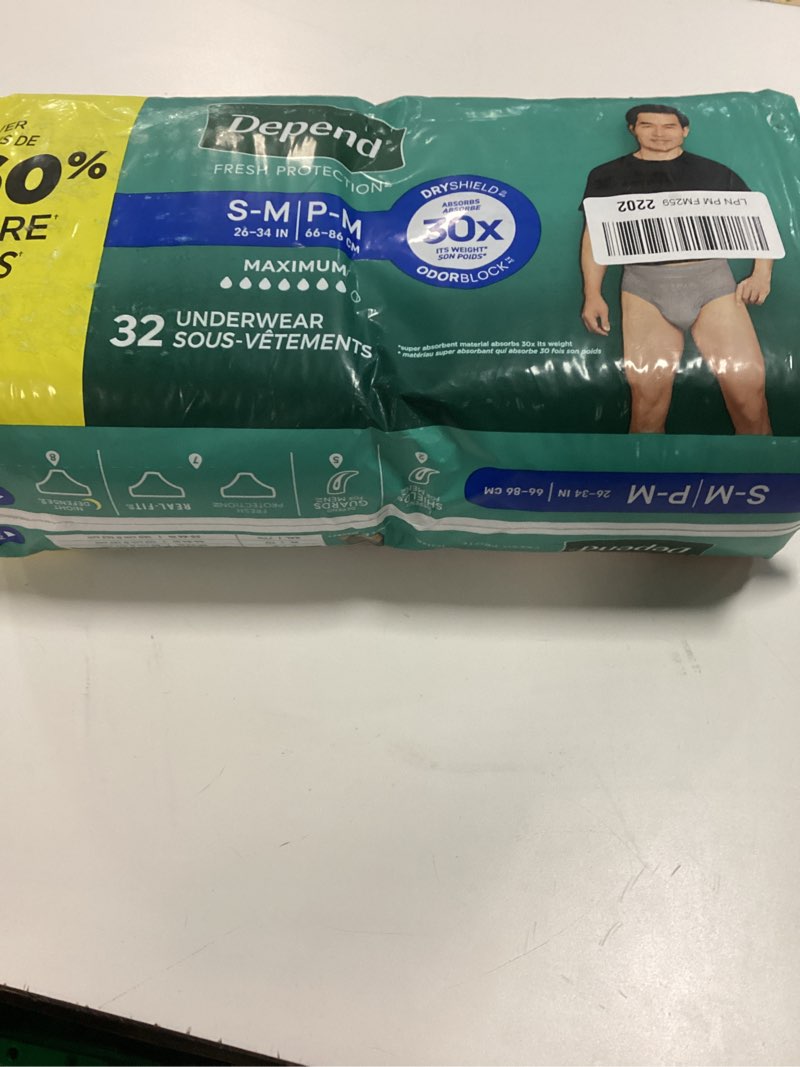 Condition photo showing New/Like New for Depend Fresh Protection Adult Diapers, Incontinence Underwear for Men, Disposable, Maximum, Small/Medium, Grey, 32 Count, Packaging May Vary Small/Medium 32