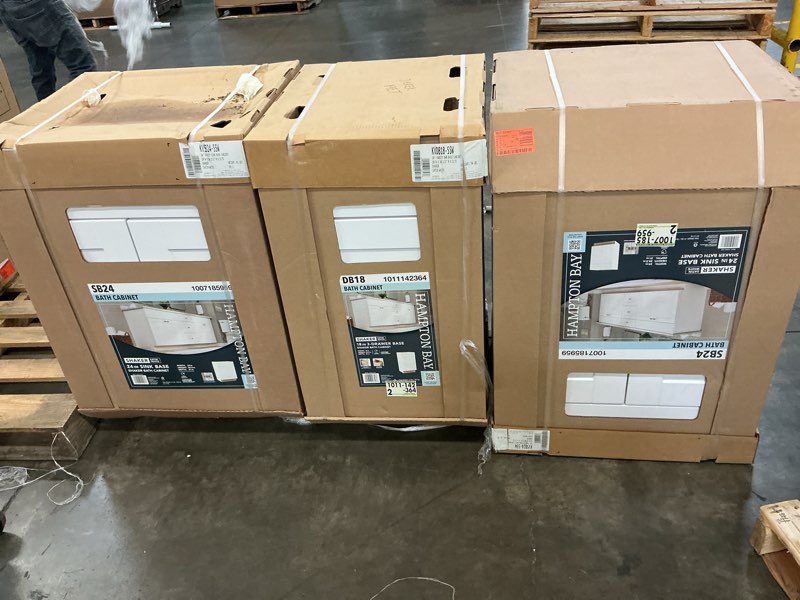 Condition photo showing As Is for (full set)shaker 24 in. w x 21 in. d x 34.5 in. h assembled bath base cabinet in satin white without shelf