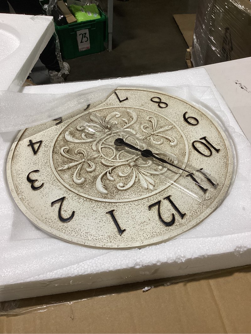 Condition photo showing Good Condition for infinity instruments blanc fleur 15 inch decorative outdoor wall clock for garage, patio, backyard, outdoor wall, fence vintage ivory antique easy to read battery operated