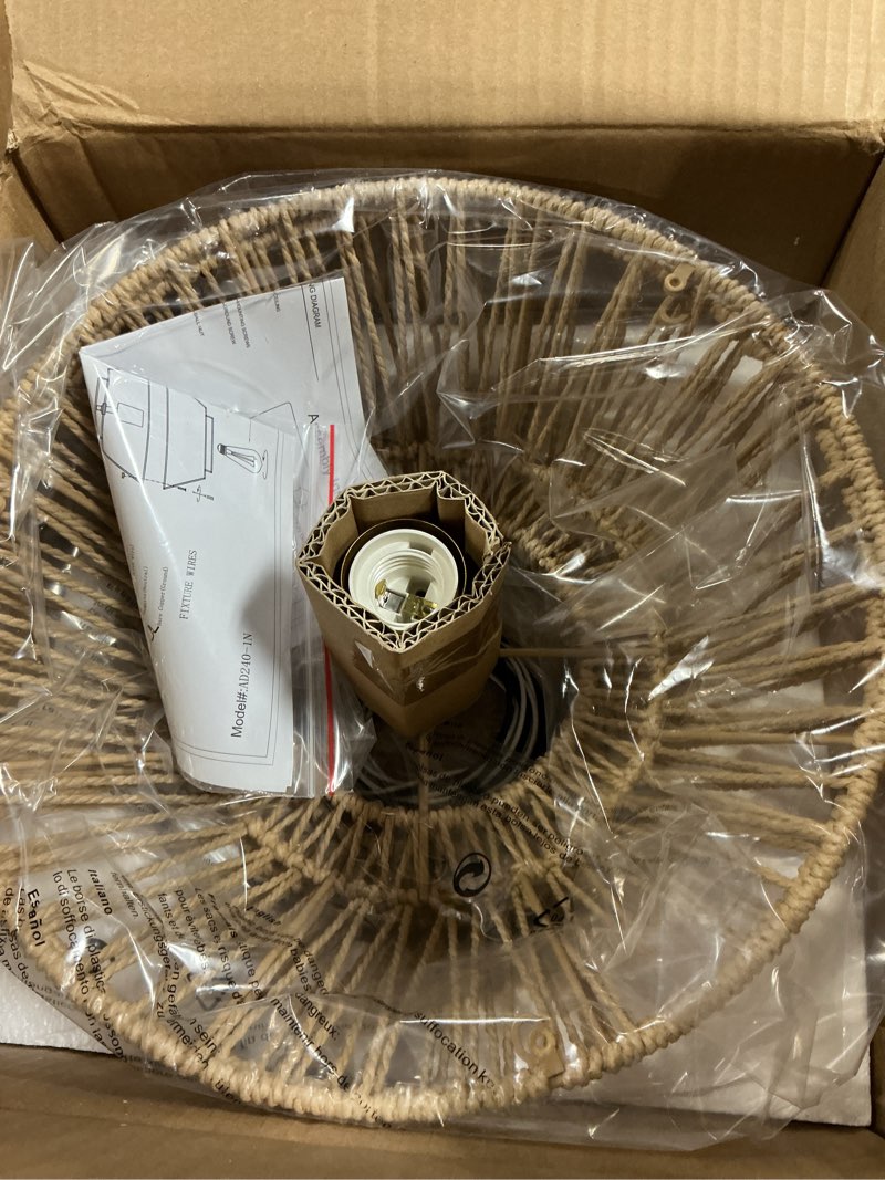 Condition photo showing New/Like New for VILUXY Woven Rattan Pendant Light Fixture Handmade Cage Wicker Boho Chandelier Natural Abaca Rope Hanging Ceiling Lamp Gold Finish for Bedroom Dining Room Kitchen Island