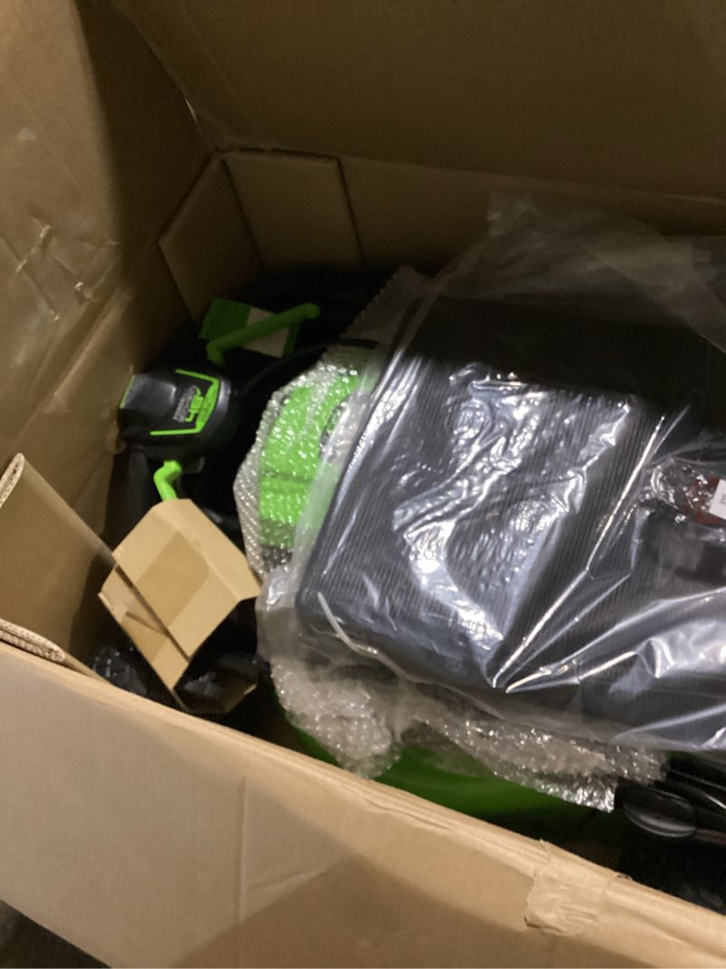Condition photo showing As Is for greenworks 48v (24v x 2) 21  self-propelled mower + (2) 5.0ah usb batteries & 4a dual port charger