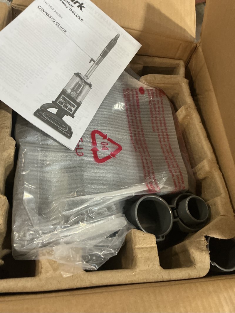 Condition photo showing New/Like New for shark upright vacuum, navigator lift-away deluxe with large dust cup capacity, hepa filter, swivel steering, upholstery tool & crevice tool, blue, nv360