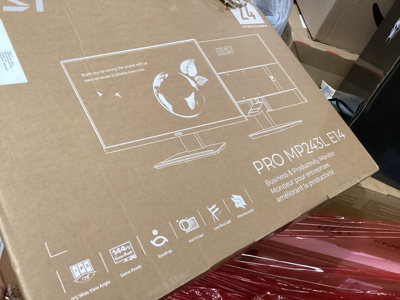 Condition photo showing New/Like New for msi pro mp243l e14 24-inch ips 1920 x 1080 (fhd) gaming office monitor, 144hz, adaptive-synch, hdr ready, hdmi, vga port,vesa mountable, tilt, 4-side slim bezel,1ms, black
