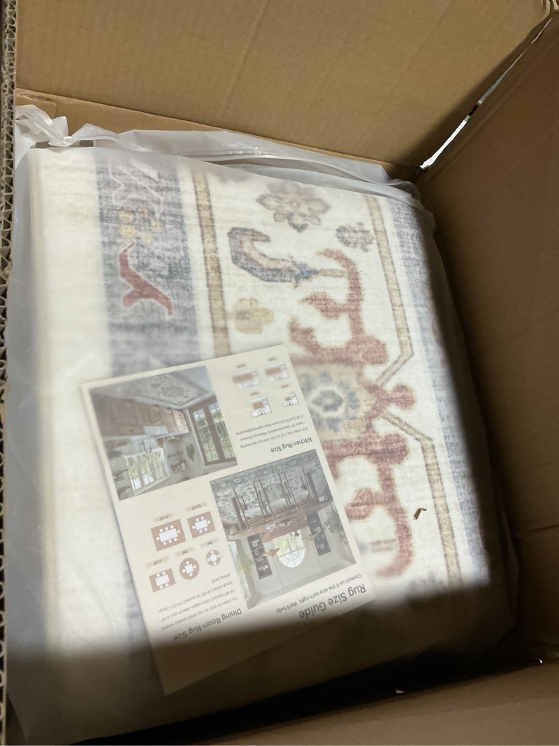 Condition photo showing item condition for Washable Rug 7x9 Area Rugs: Boho Vintage Distressed Oriental Medallion Neutral Thin Large Rug Carpet for Living Room Bedroom Dining Room Home Office Decor - Brick Red Brick Red 7' x 9' (Rectangular)