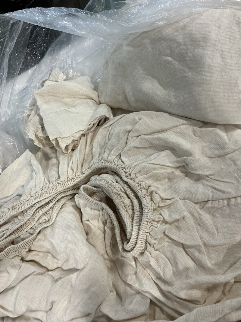 Condition photo showing As Is for quince european linen sheet set of 4, queen, natural/white mini pinstripe